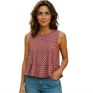 prose & poetry ruffle sleeveless top windowpane check size XS